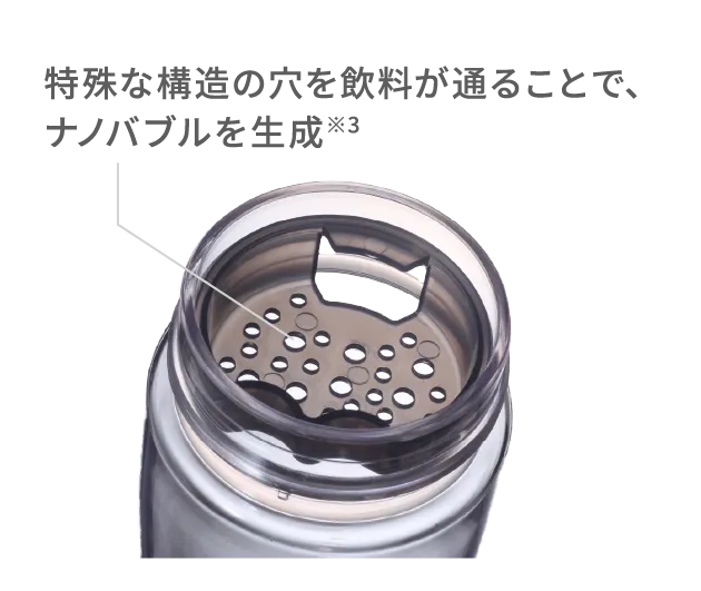 特殊な構造の穴を飲料が通ることで、ナノバブルを生成※3